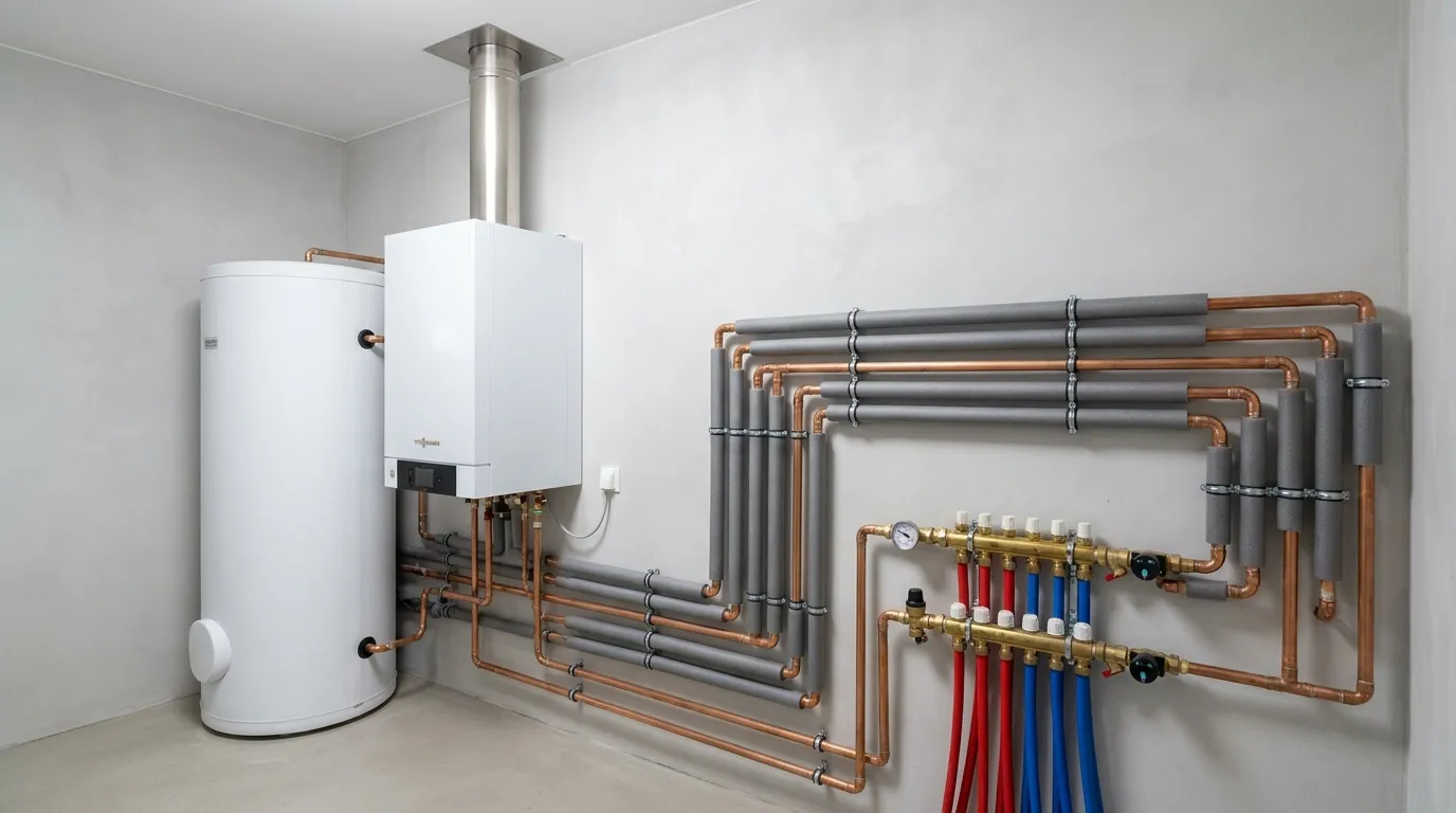 Heizungsraum mit Brennwertgerät, Warmwasserspeicher und Rohrverteiler