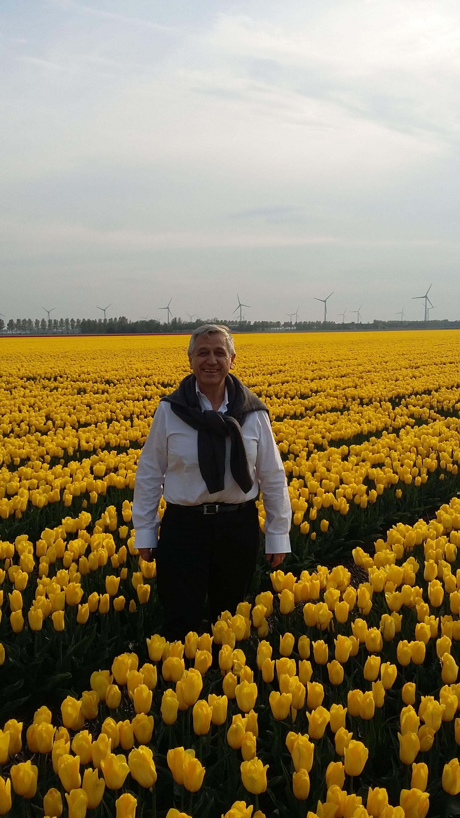 Francis Bucaille dans un champ de tulipes