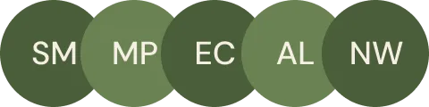 Five green circles each containing two white letters: SM, MP, EC, AL, NW.