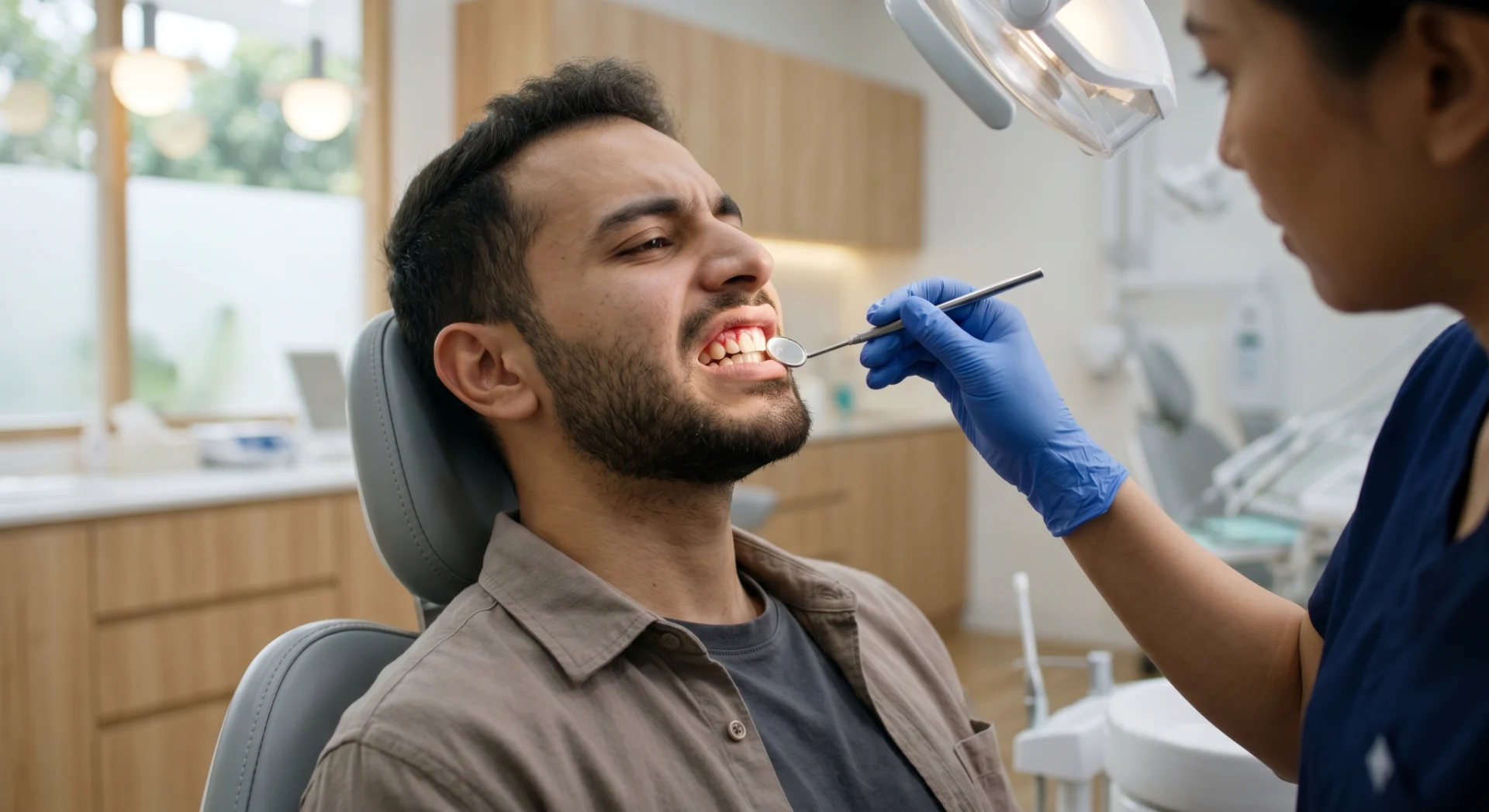 Dentist wearing gloves examining the teeth of a male patient in a dental clinic.