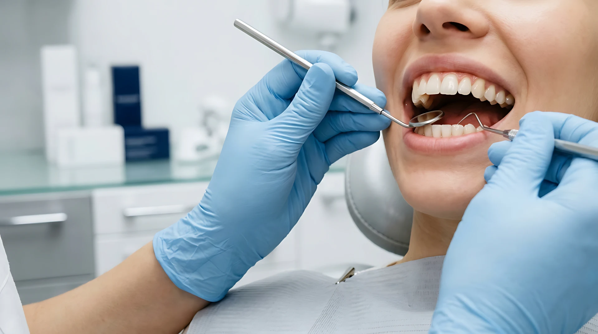 Dentist in blue gloves examining a patient's open mouth with dental mirror and probe.
