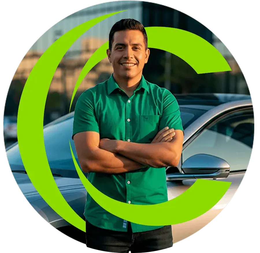 Persona sonriendo de brazos cruzados con un auto detras