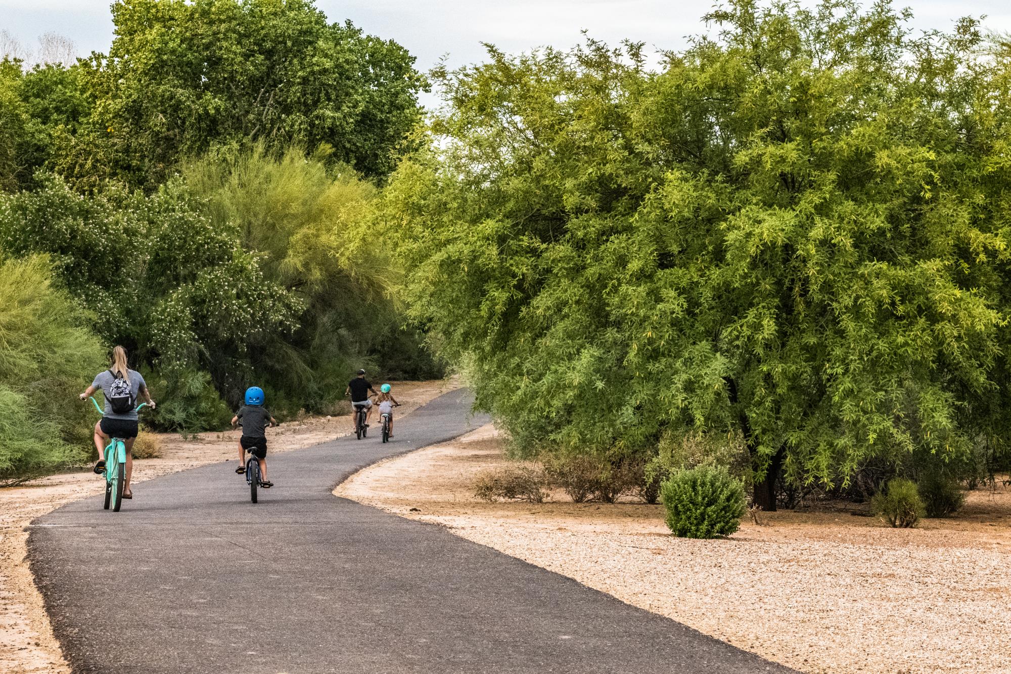 A quiet loop trail with shade structures at Founders' Park in Queen Creek, Arizona
