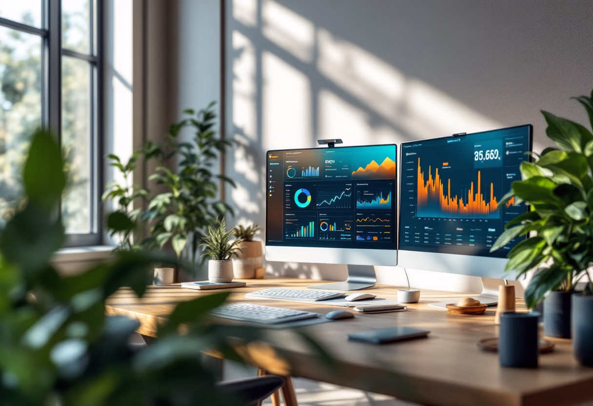 Status dashboards displayed across several computer screens