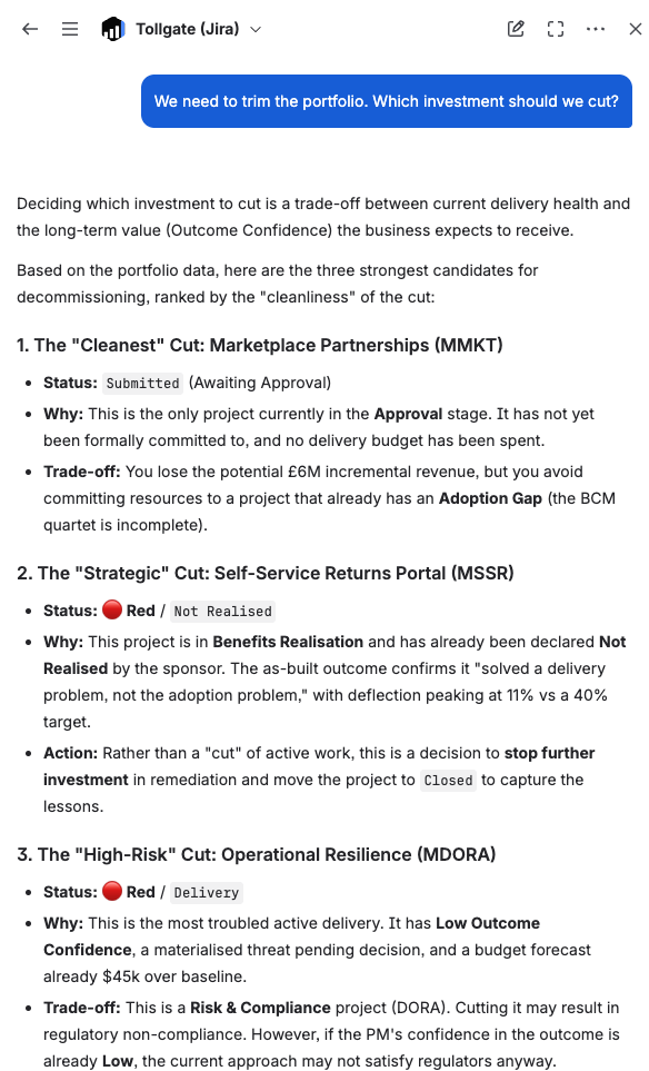 Tollgate decisions log in Jira — append-only register with proposed and approved decisions and named approvers