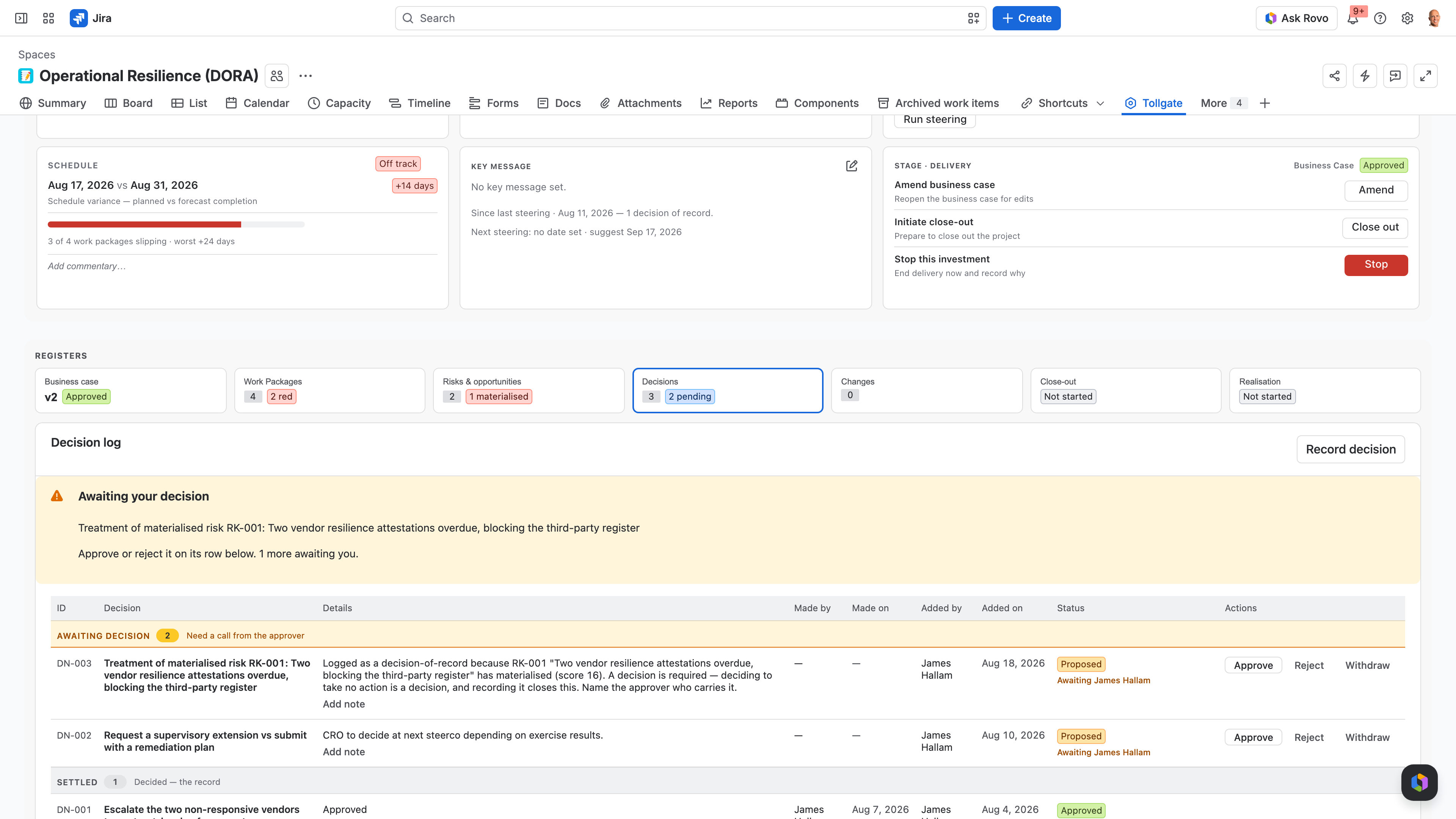 Tollgate decisions log for the Contact Centre Replatform in Jira — proposed and approved governance decisions with named approvers