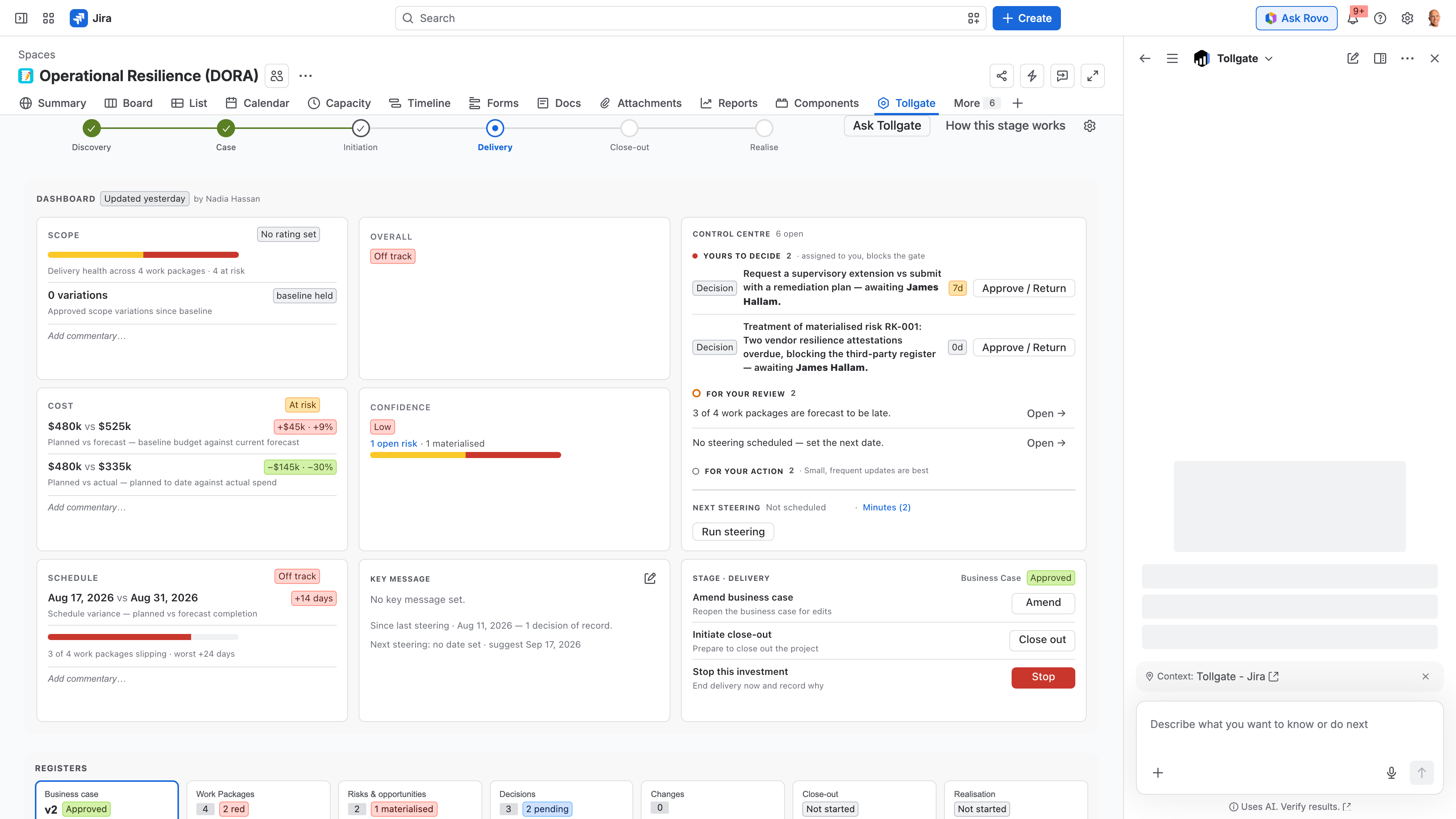 Ask Tollgate answering a governance question inside Jira — the Rovo agent reading the project's case file, decisions and risks