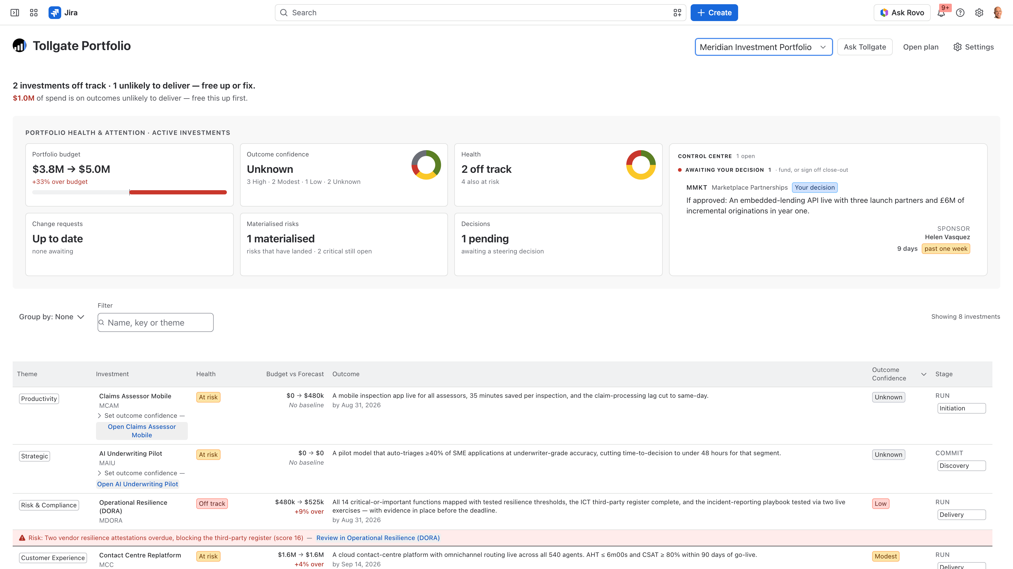 Tollgate Portfolio Health dashboard showing every investment grouped by theme inside Jira