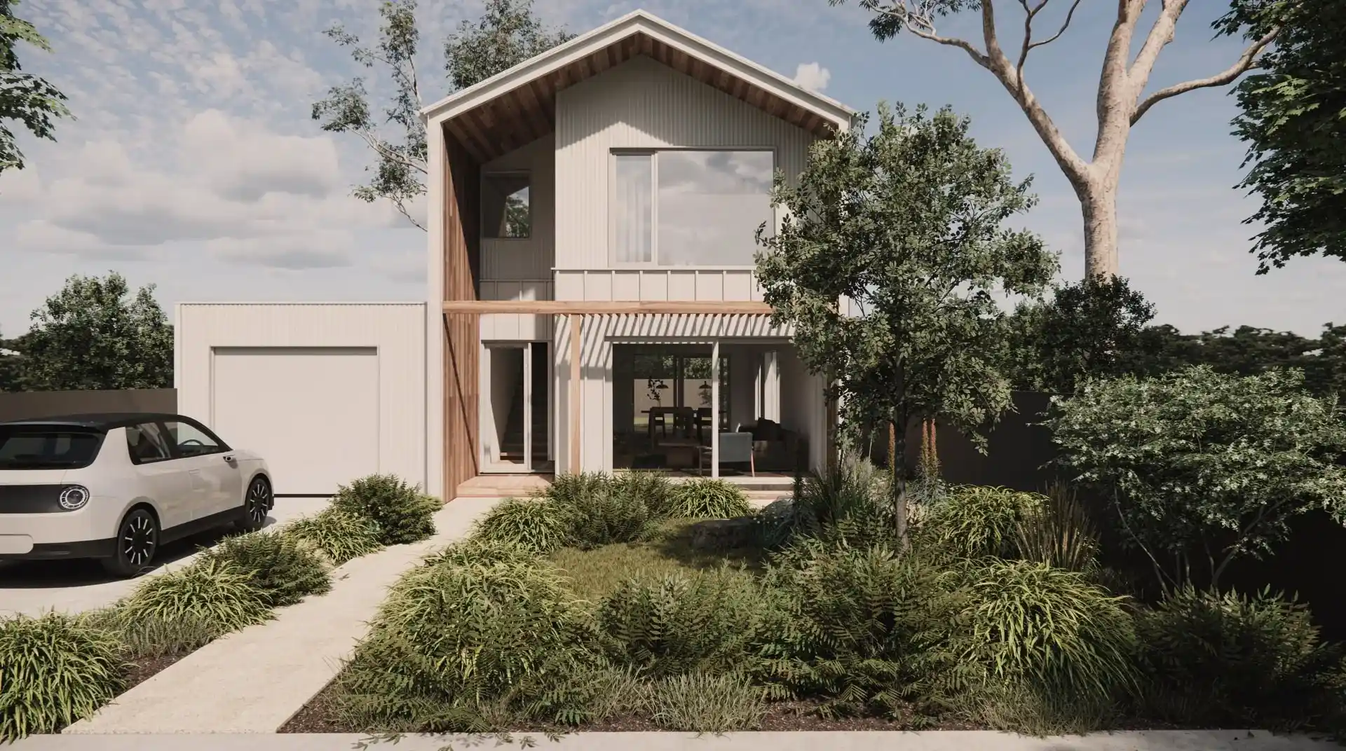 Architect-designed sustainable two-storey home with timber accents and native garden