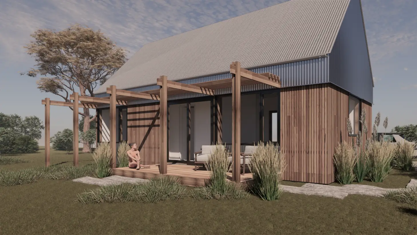 Bilby pre-designed passive house with timber pergola and native garden