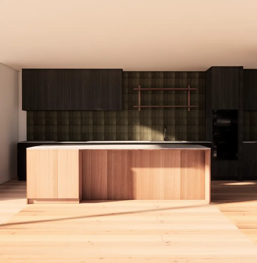 Warm interior palette kitchen with timber island and dark cabinetry