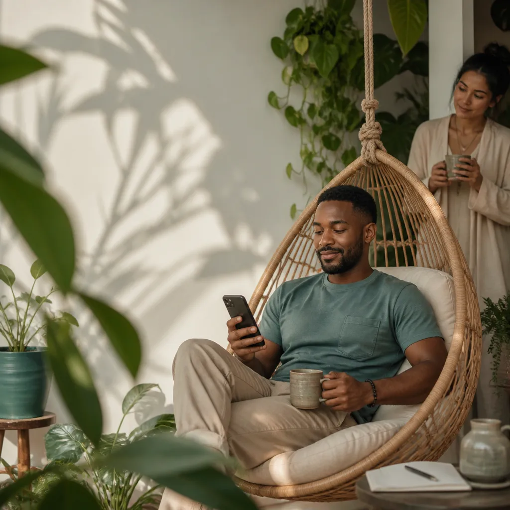 Man using a smartphone in a hanging chair while a support person stands nearby in a calm, plant-filled room.