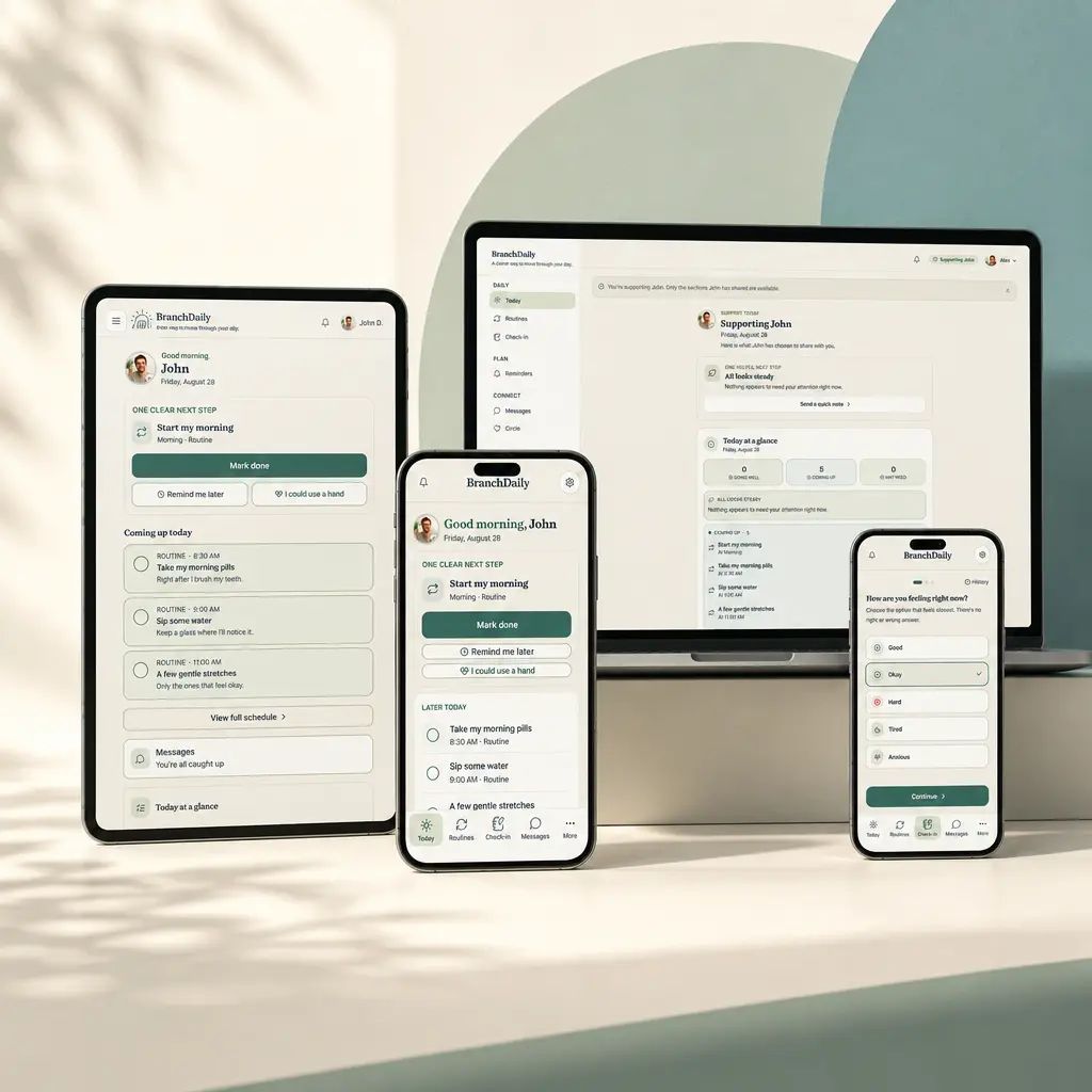 BranchDaily displayed across a tablet, laptop, and two smartphones, showing daily routines, trusted support, and a check-in screen.