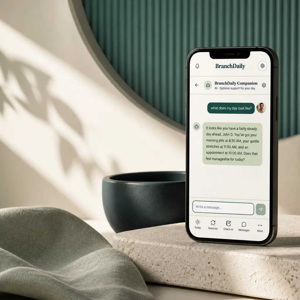 BranchDaily Optional AI Companion suggesting a calm next step based on a user’s routines and daily schedule.