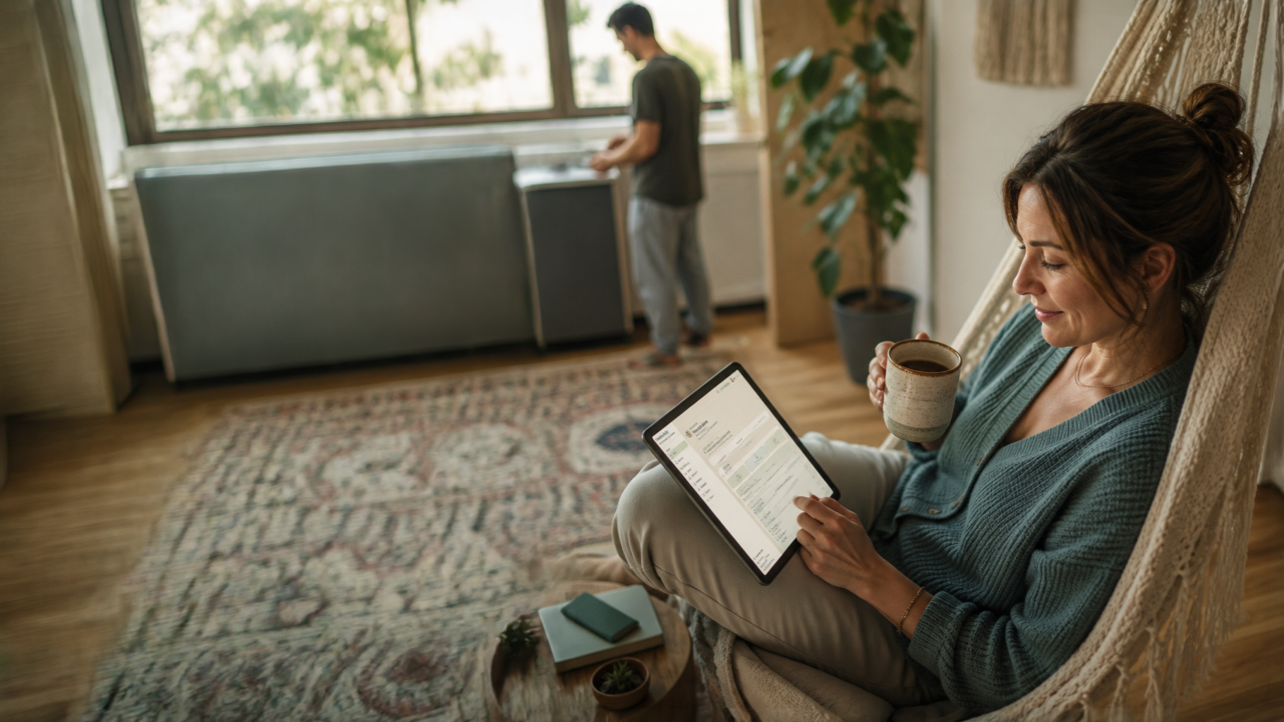 A support member using BranchDaily on a tablet while staying connected with someone at home.