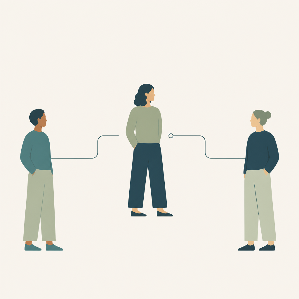 Three people linked by an open line while each retains personal space.