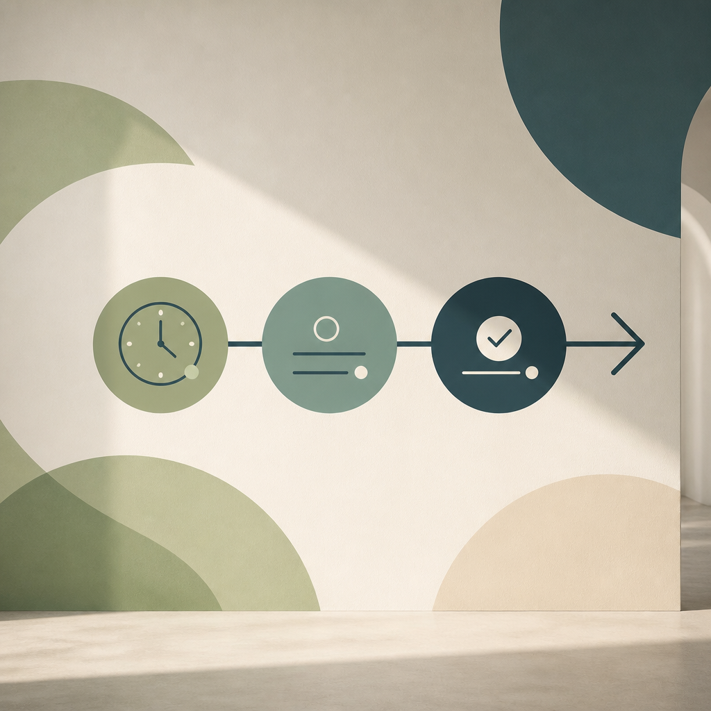 A sequence moving from time to a clear current moment and next step.