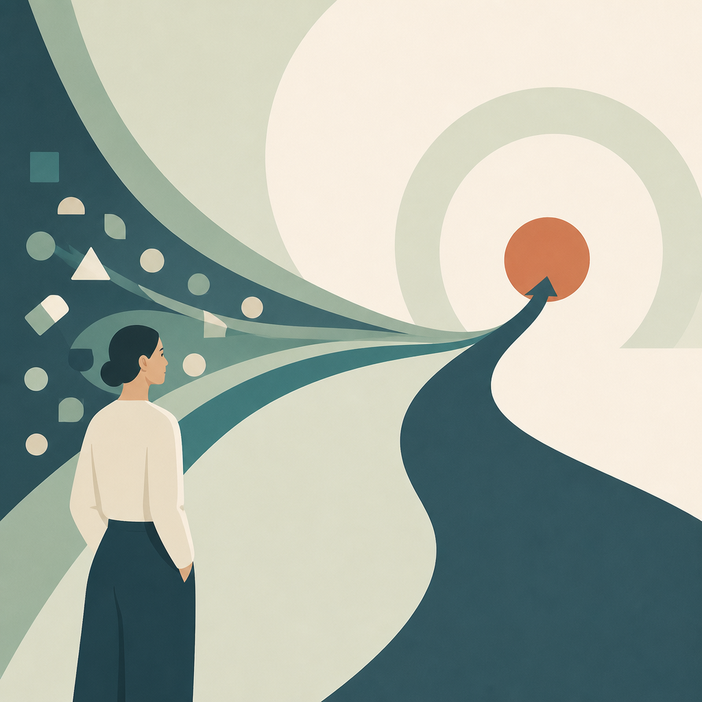 A person moving from many scattered choices toward one clear next step.