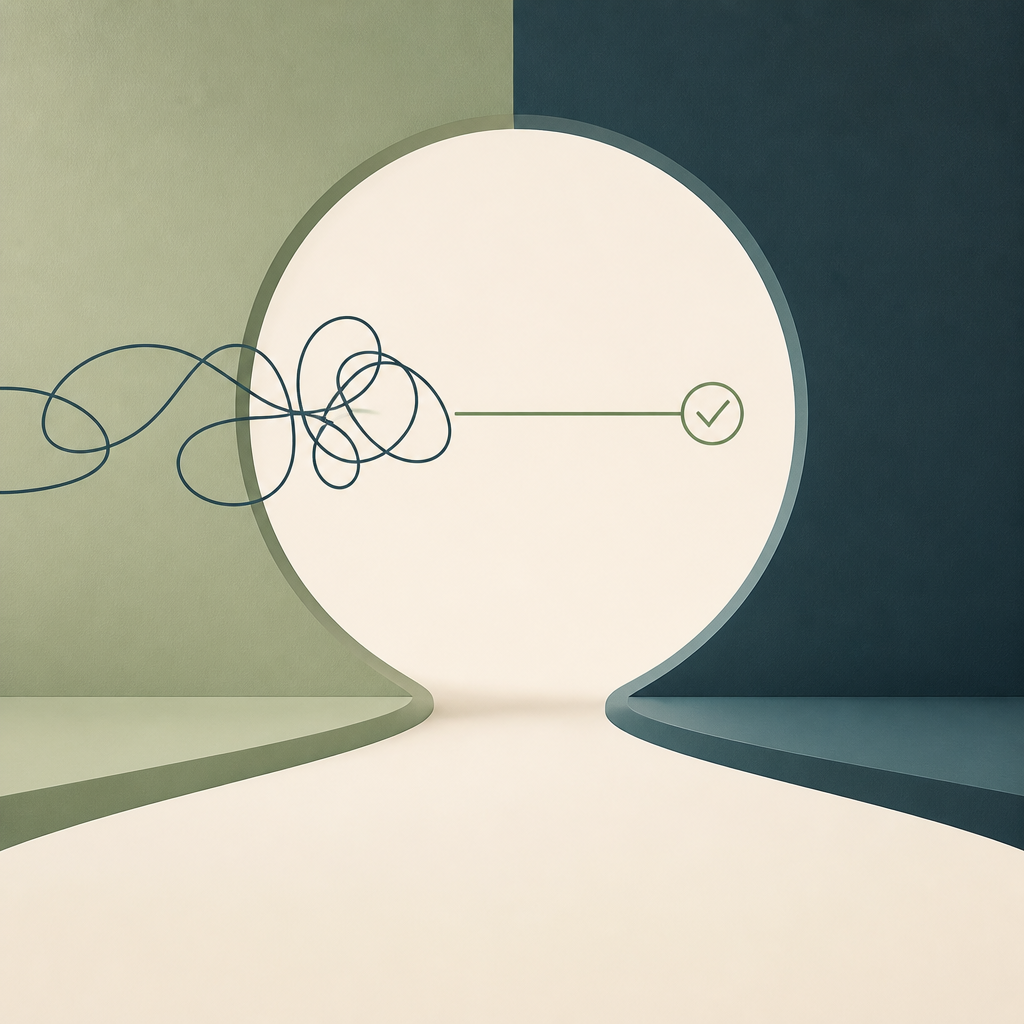 A tangled line becoming a clear path through an open doorway.