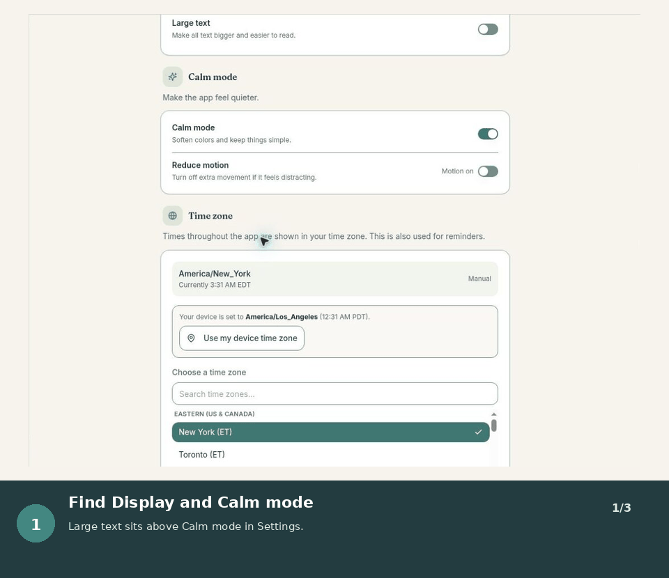 Animated walkthrough showing larger text, higher contrast, and reduced-motion preferences.