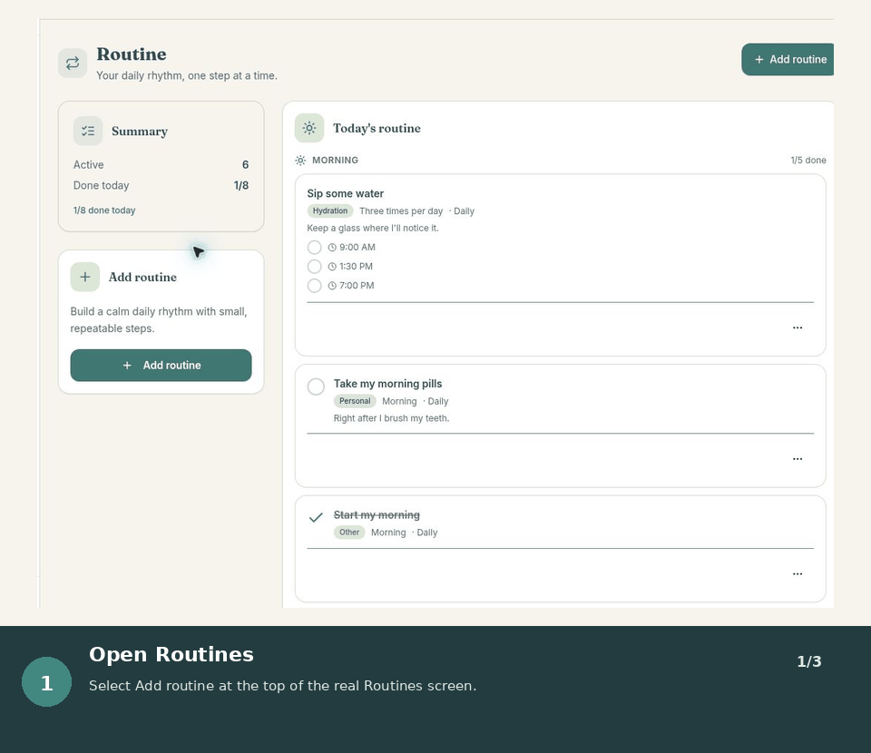 Animated walkthrough showing how to add and save a first routine in BranchDaily.