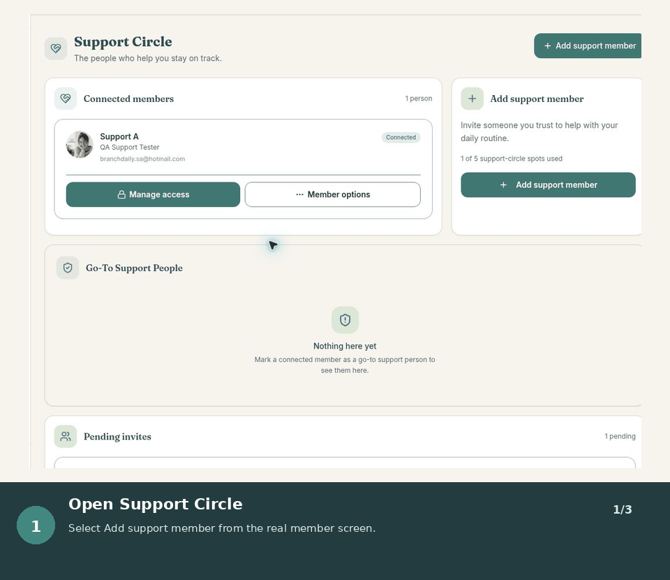 Animated walkthrough showing how to invite a trusted person to a BranchDaily Support Circle.