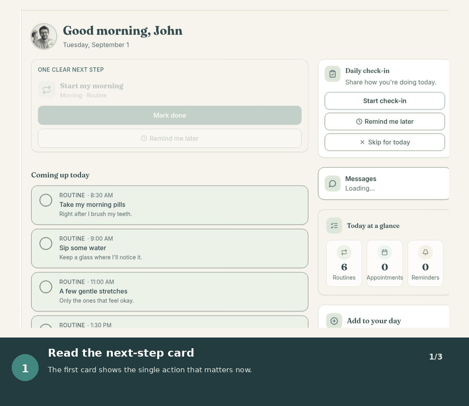 Animated walkthrough showing the next-step card and its completion and support actions.