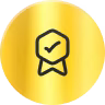 Yellow circular badge icon with a checkmark inside a ribbon.