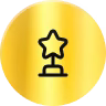 Black trophy icon with a star on a gold circular background.