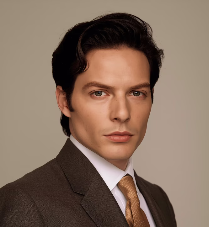Portrait of a young man with dark hair wearing a brown suit, white shirt, and gold tie against a neutral background.