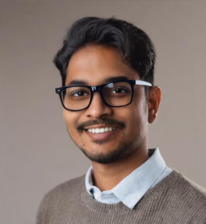 Smiling young man with black-framed glasses, wearing a light blue shirt and brown sweater against a plain background.