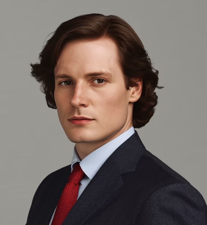 Portrait of a young man with medium-length brown hair wearing a dark suit, light blue shirt, and red tie against a gray background.