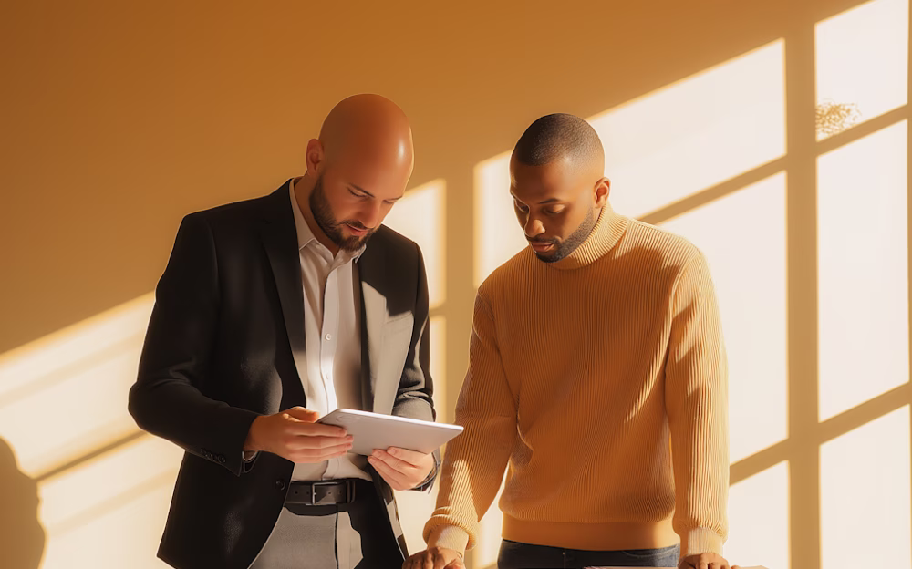Two men looking at a tablet in a sunlit room with large windows casting shadows on the wall.