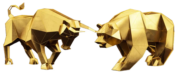 Gold geometric bull and bear sculpture facing each other.