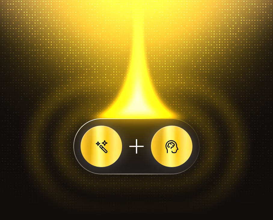 Glowing golden light beam above a plus symbol flanked by magic wand and human mind icons on a dark background with a dotted pattern.