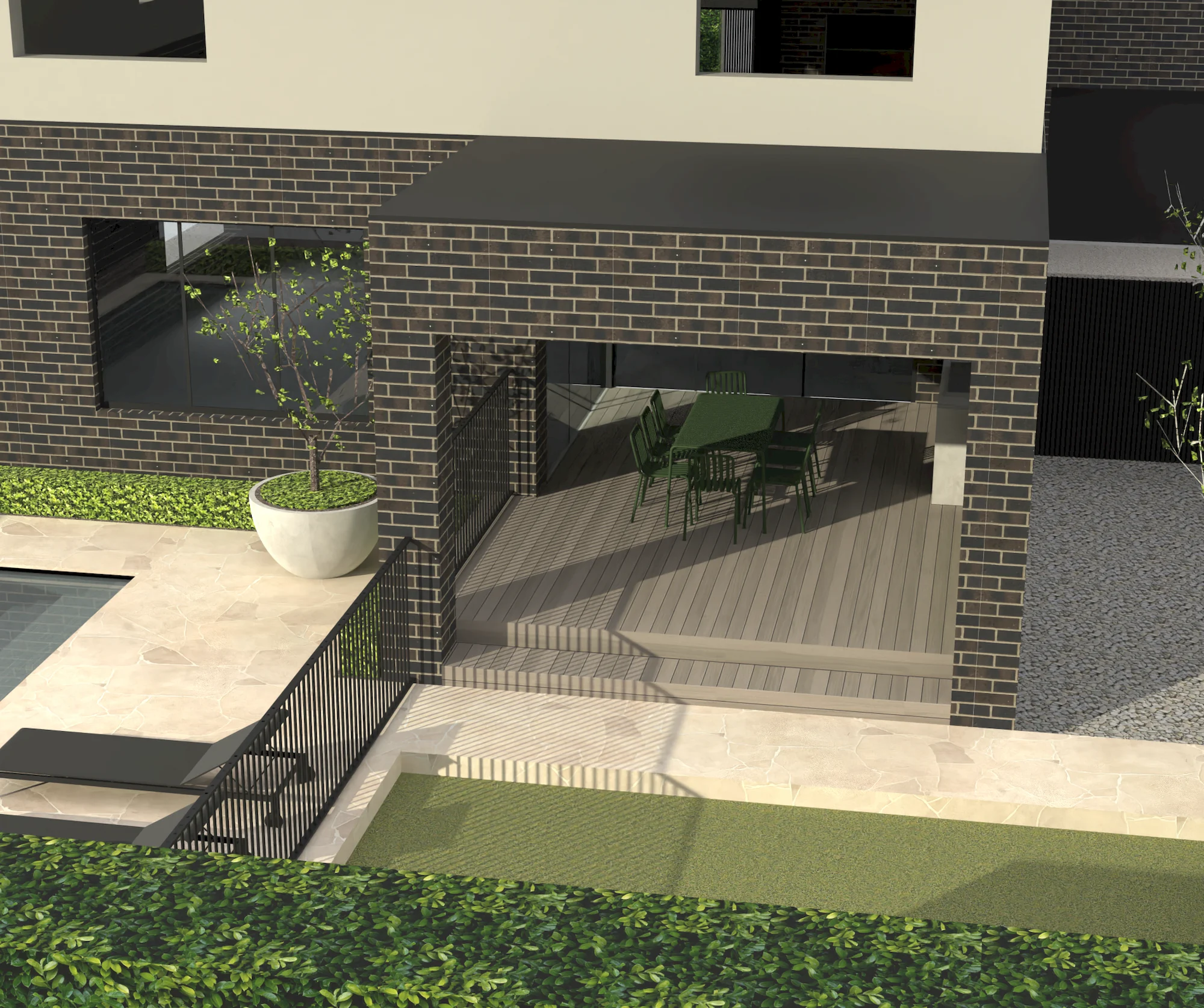 3D render of a brick home's outdoor area, with a covered timber deck and green dining setting, stone paving, a pool with black fence, and a potted tree.
