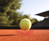 Yellow tennis ball resting on a red clay tennis court with green trees in the background.