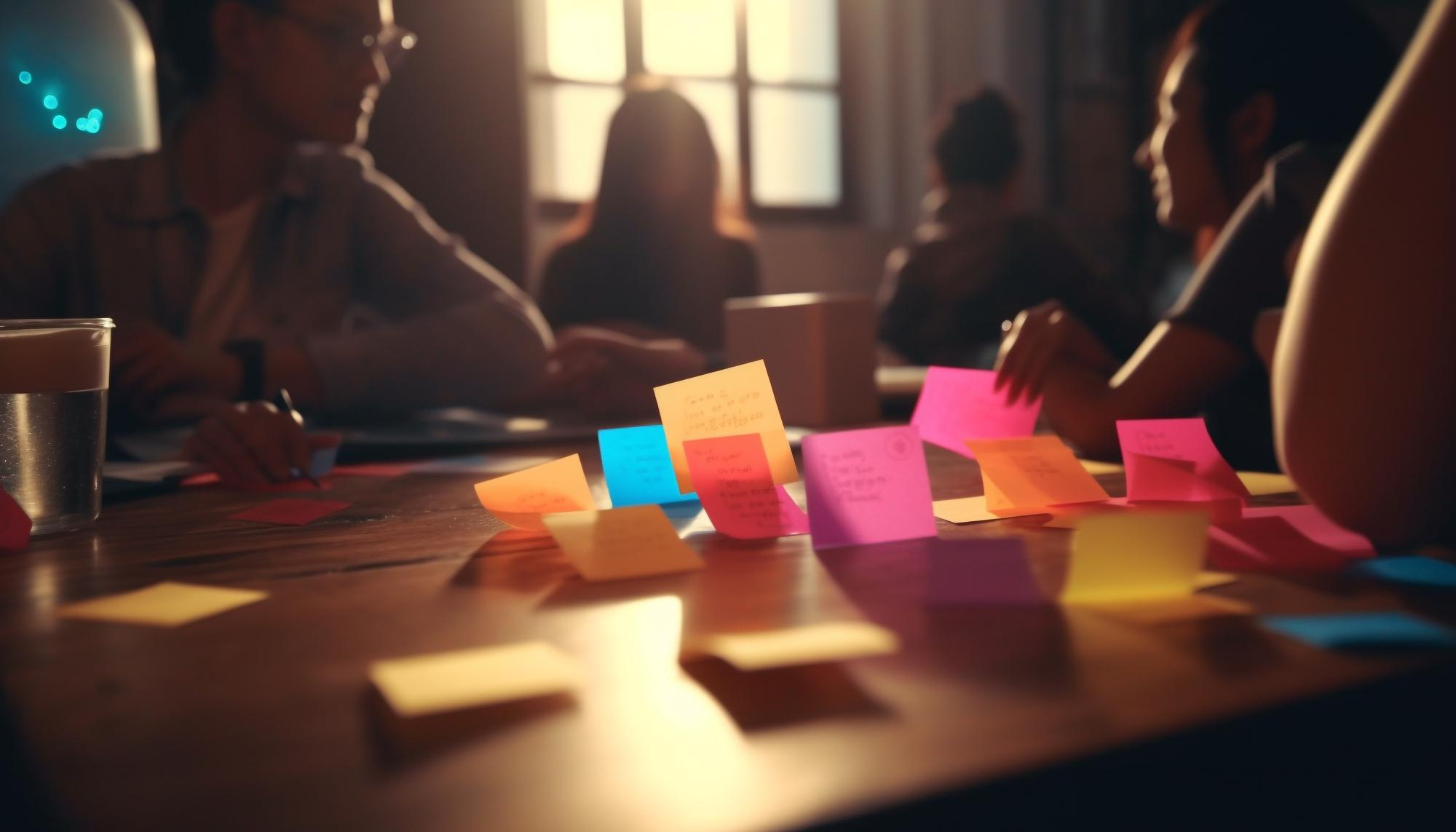 Sticky notes from a marketing agency planning session on a table