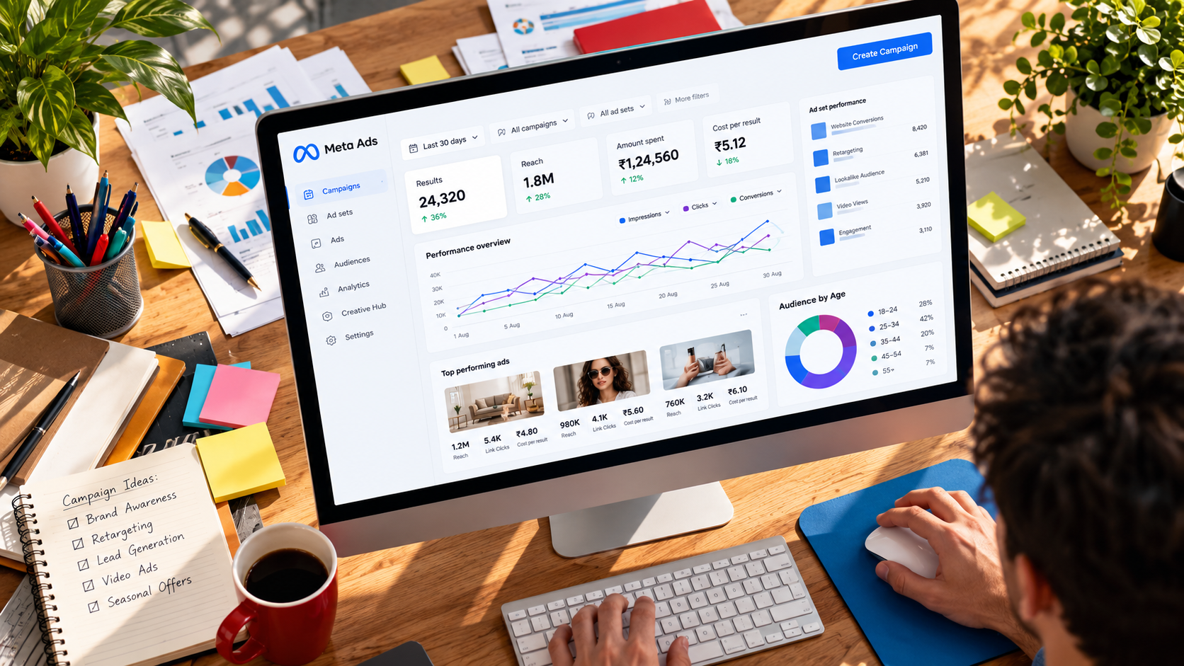 Meta Ads performance dashboard on a monitor at a marketer's desk