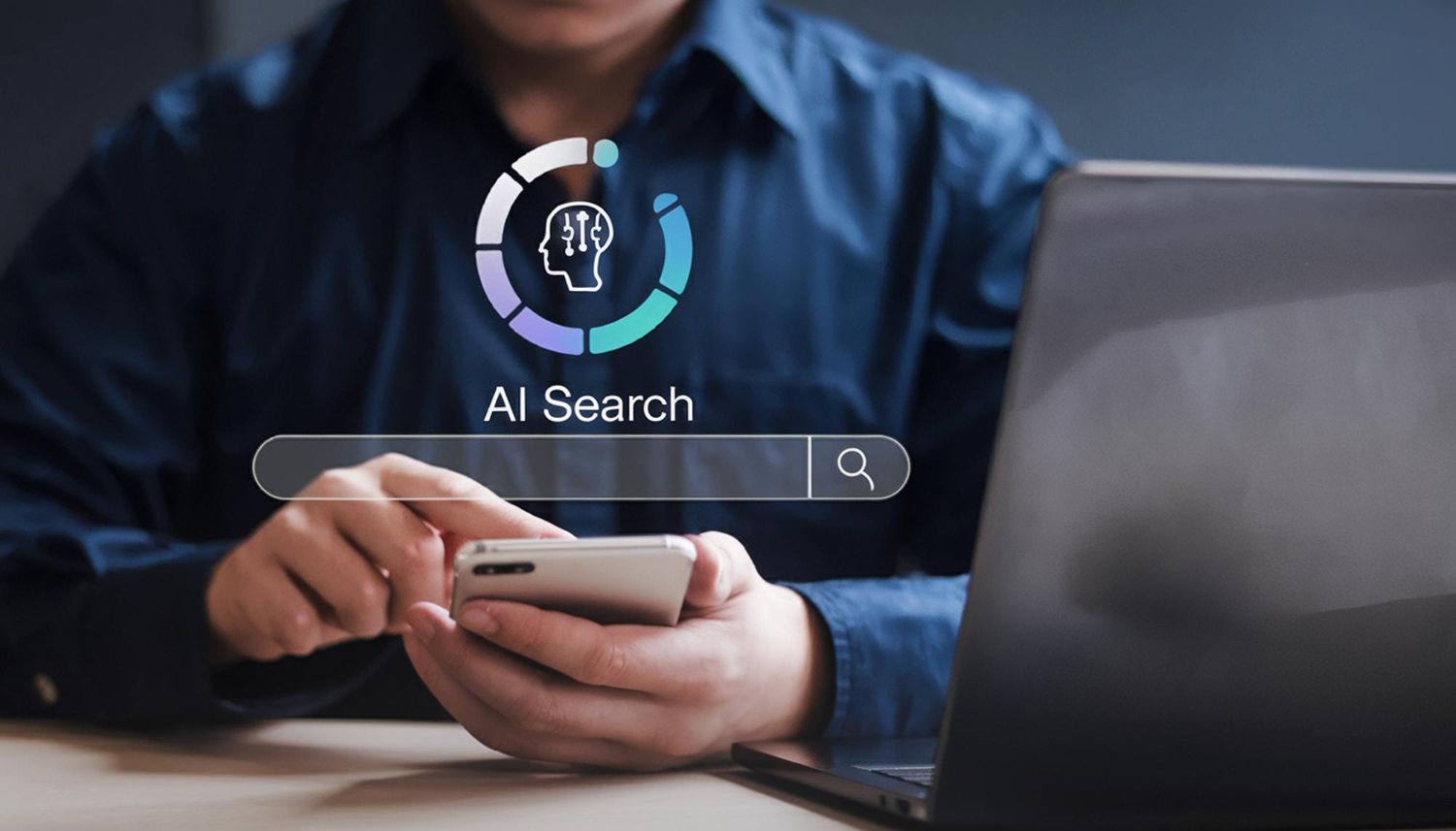 Person searching on a phone with an AI search bar overlay