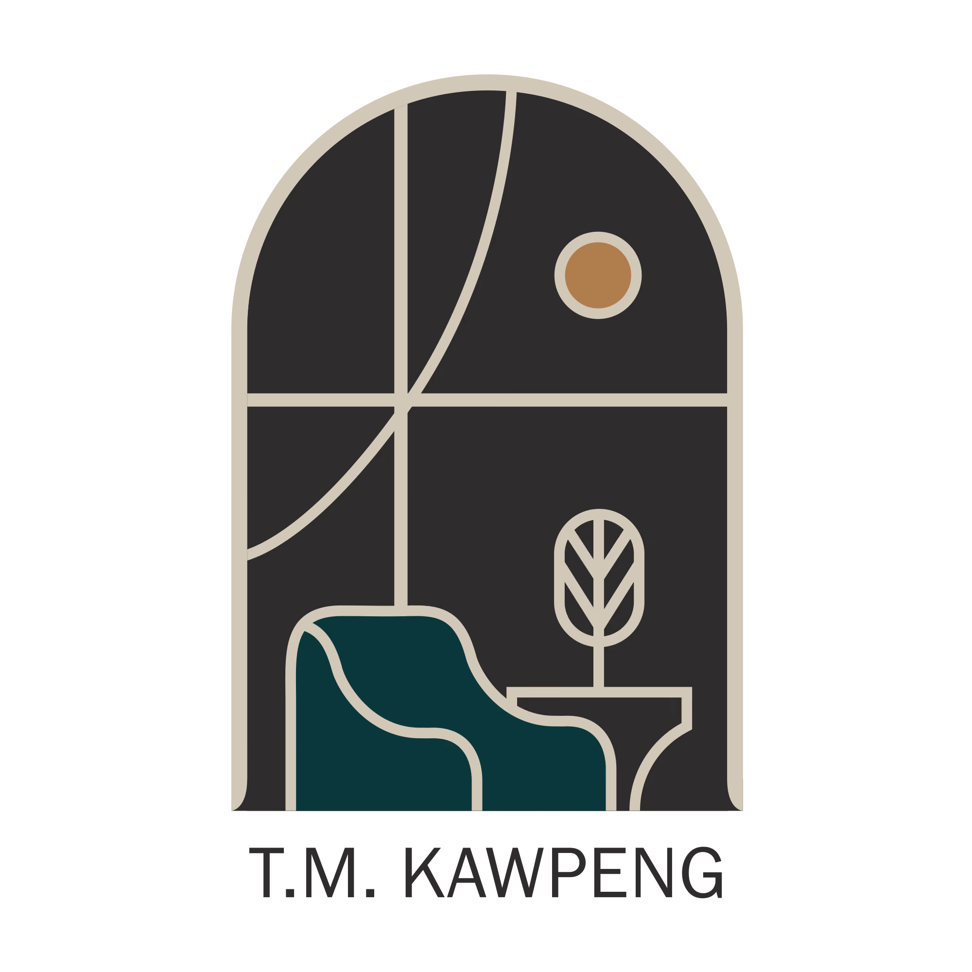 Stylized window scene with a green armchair, potted plant, and round sun or moon visible outside. T.M. Kawpeng