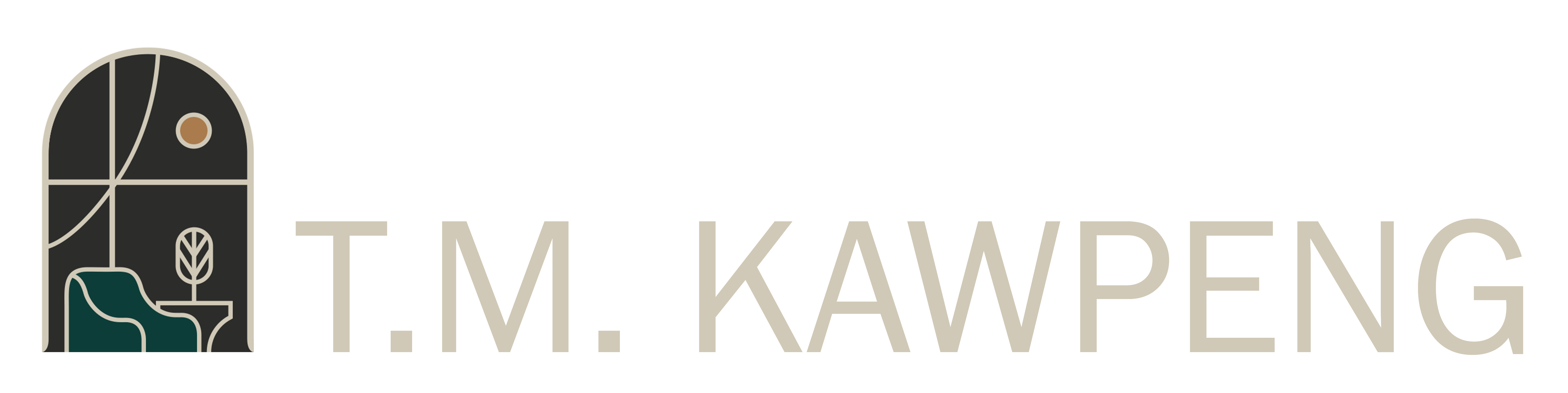 T.M. Kawpeng logo with a stylized window, armchair, and potted plant icon.