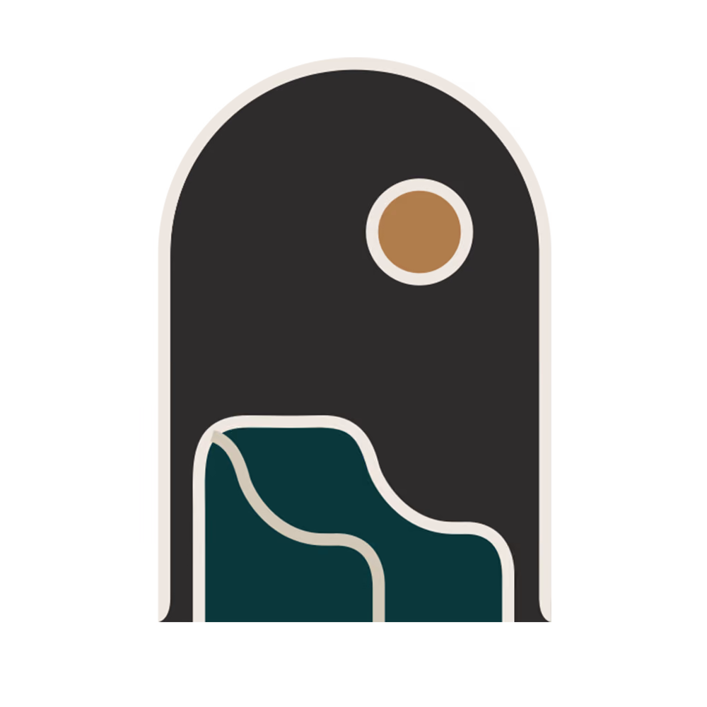 Abstract arch shape with dark interior, a brown circle near top, and a curved green form inside. T.M. Kawpeng