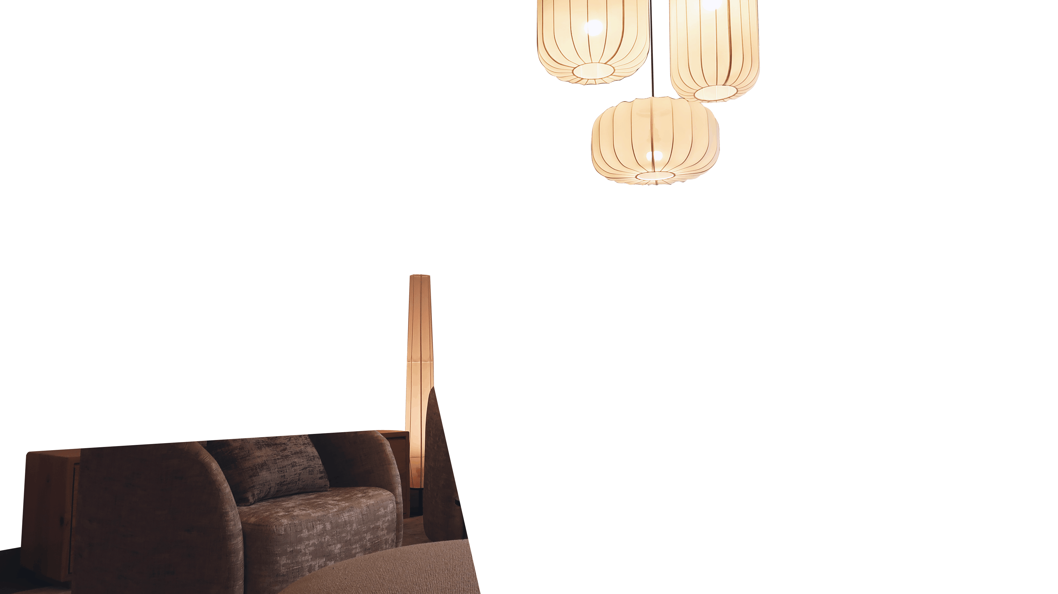 Cozy brown armchair with a cushion next to a tall floor lamp and hanging lanterns. T.M. Kawpeng