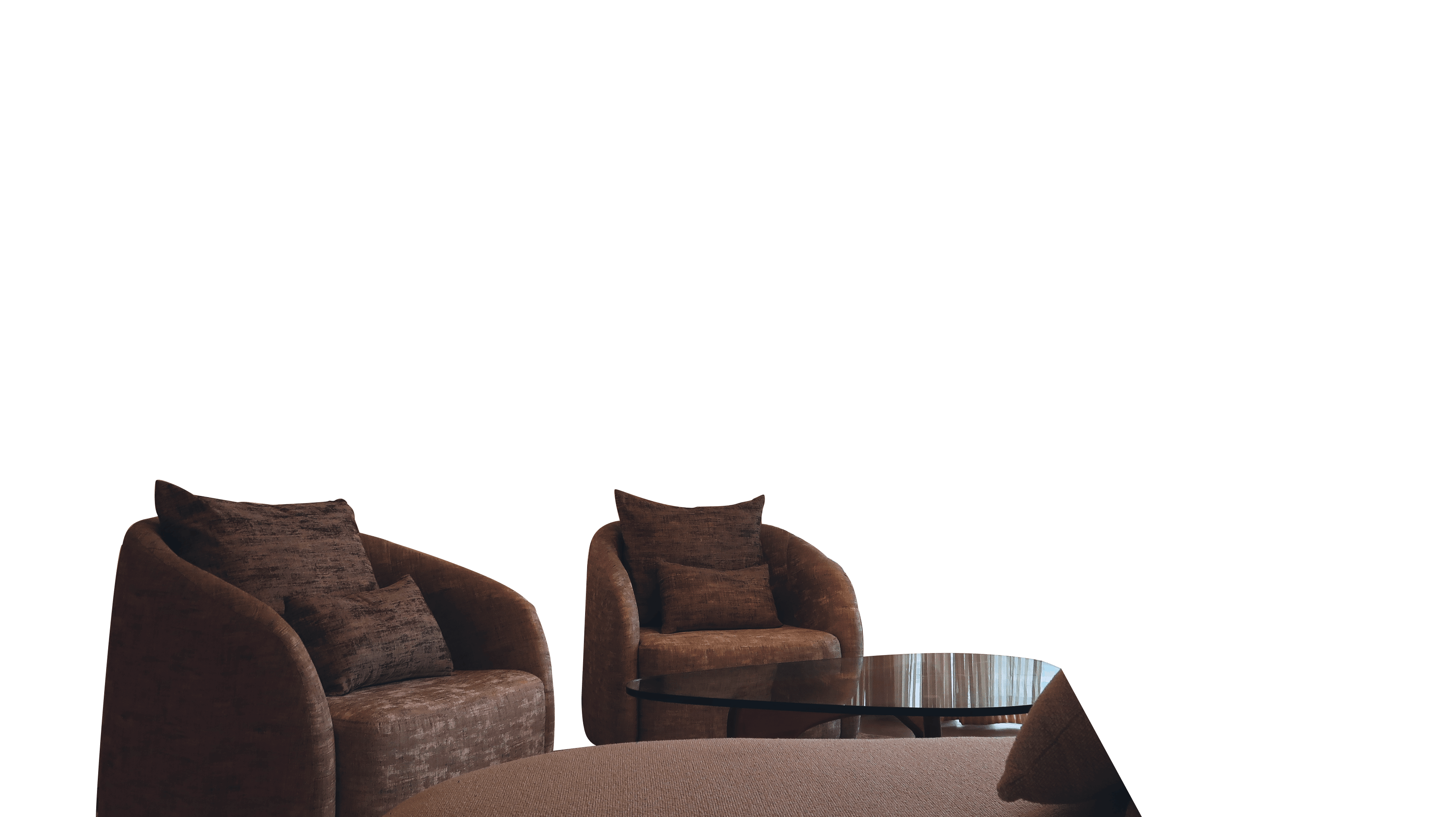 Two brown upholstered armchairs with cushions facing a round glass coffee table and a beige ottoman. T.M. Kawpeng