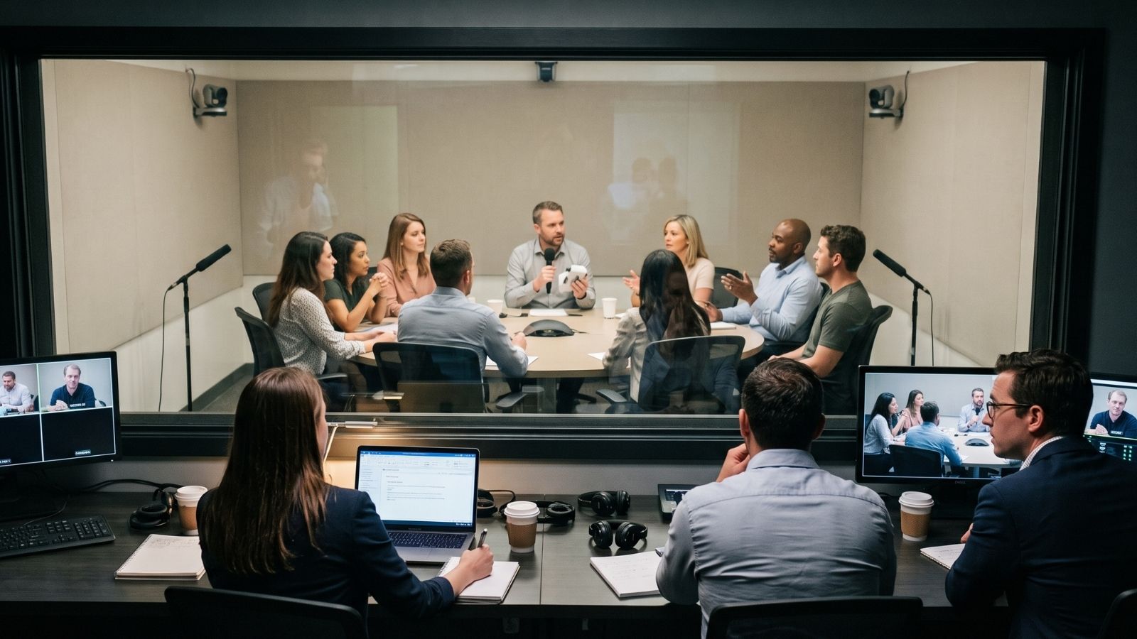 A focus group discussing an advert in a research viewing room