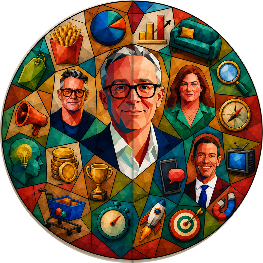 The faceted disc from the cover of The Brand Growth Playbook, with icons and illustrated portraits of marketing researchers