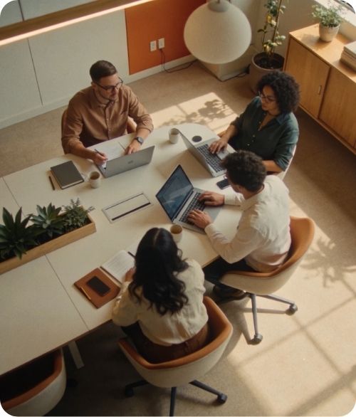 Four people working on laptops and notebooks around a table in a bright, modern office space.