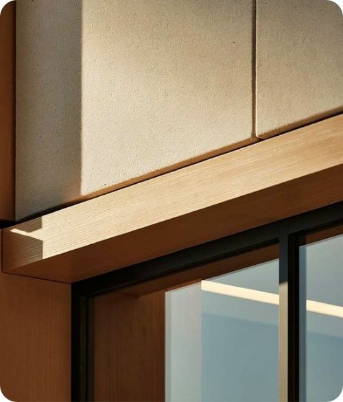 Close-up of a modern window frame with wood and beige concrete wall panels in soft sunlight.