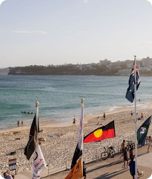 image of bondi beach with flags waving